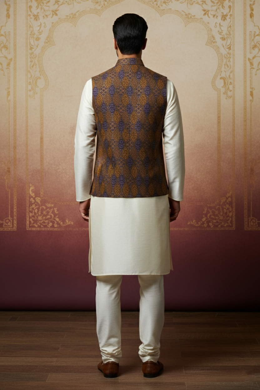 Men’s Brown & Purple Printed Nehru Jacket with Ivory  Kurta