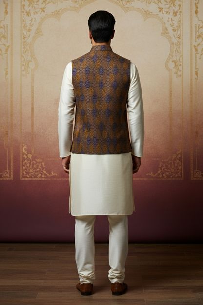 Men’s Brown & Purple Printed Nehru Jacket with Ivory  Kurta