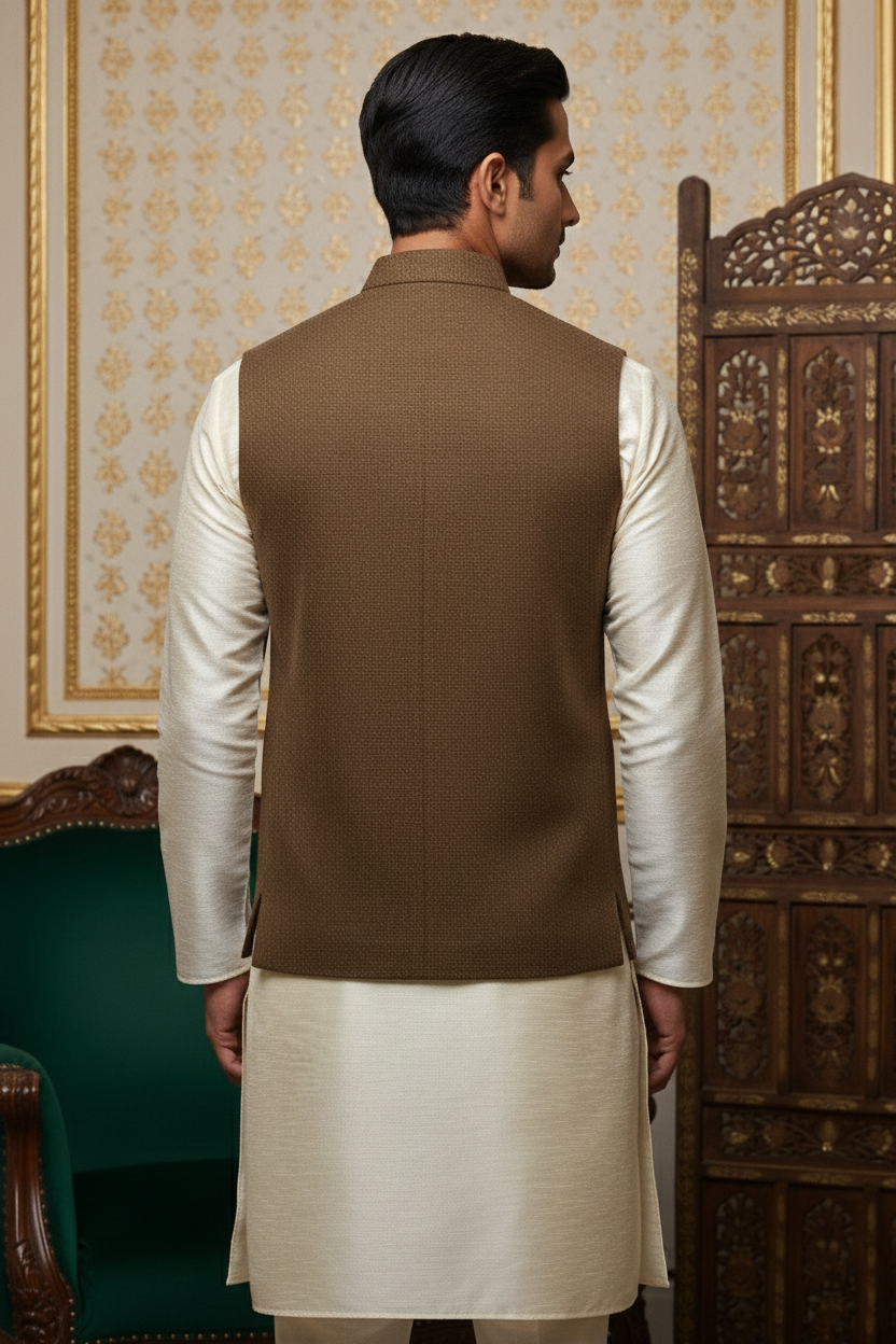 Mocha Brown Textured Nehru Jacket & Cream  Kurta Set