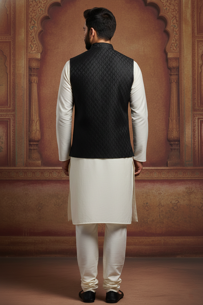 Men’s Black Quilted Nehru Jacket with Ivory Kurta