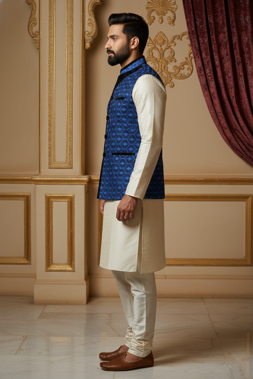 Blue Geometric Nehru Jacket with Cream Kurta Set