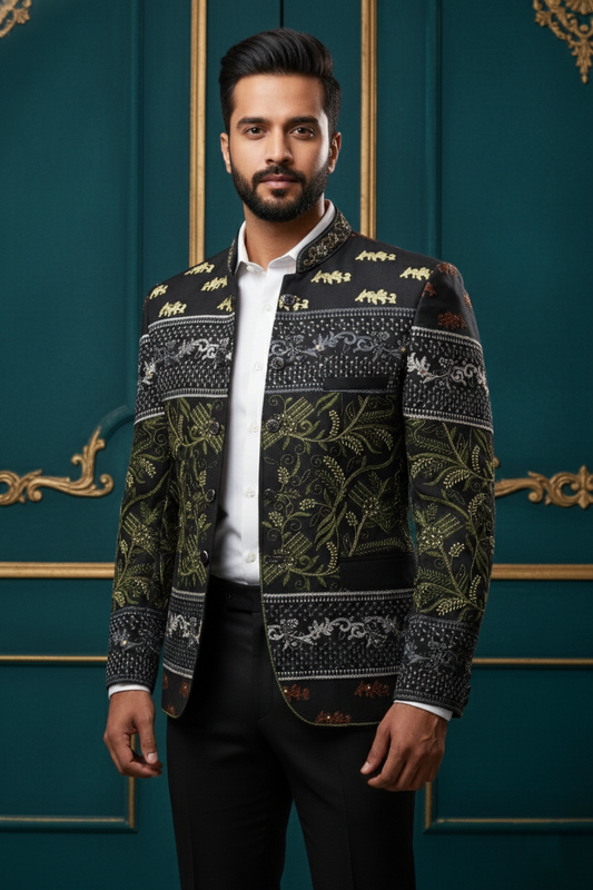Designer Black Embroidered Bandhgala Blazer , Floral & Wildlife Motif Men's Ethnic Jacket