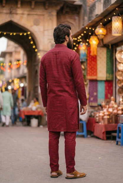 Men's Maroon Linen-Blend Plain Kurta Pajama Se