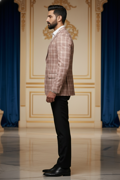 Pink & Brown Plaid Tailored Blazer with Two-Button Closure