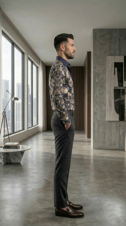 Designer Men'sBaroque Floral Print Shirt , Navy & Gold Botanical Geometric Motif