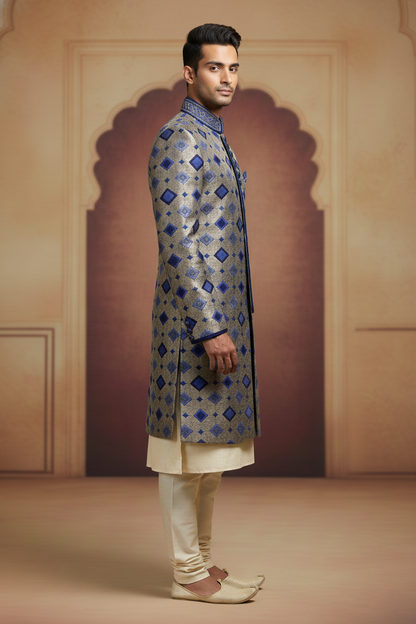 Gold Sherwani with Blue Motifs