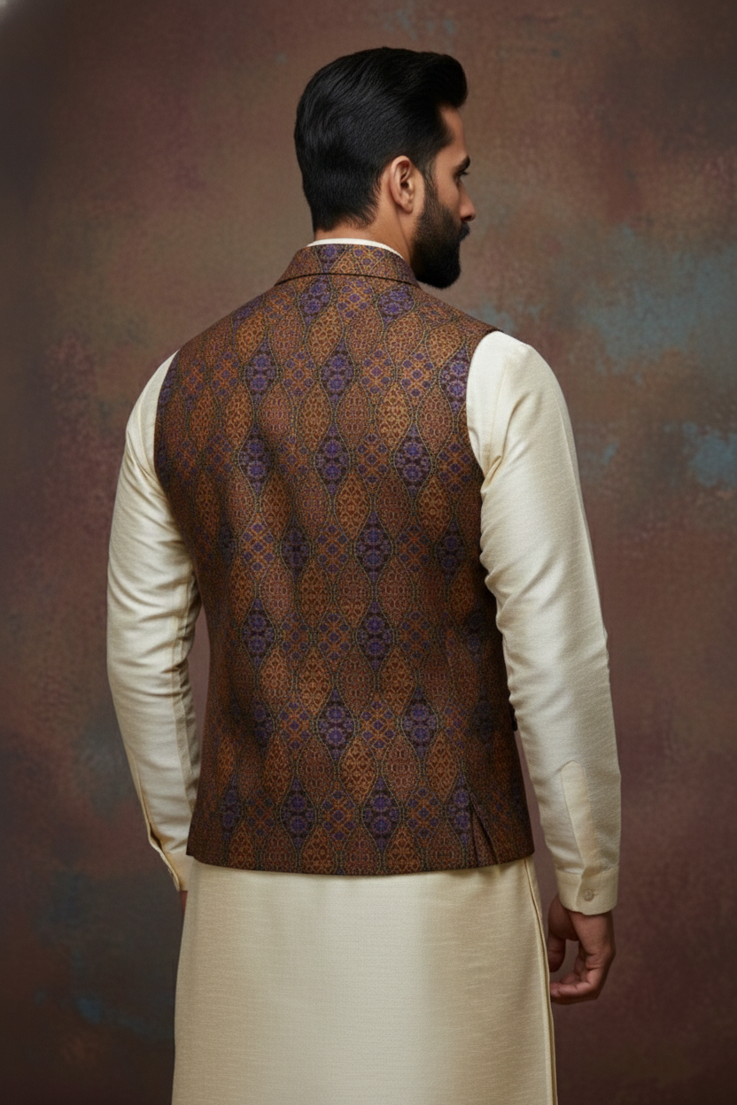 Men’s Brown Printed Nehru Jacket with Ivory Kurta
