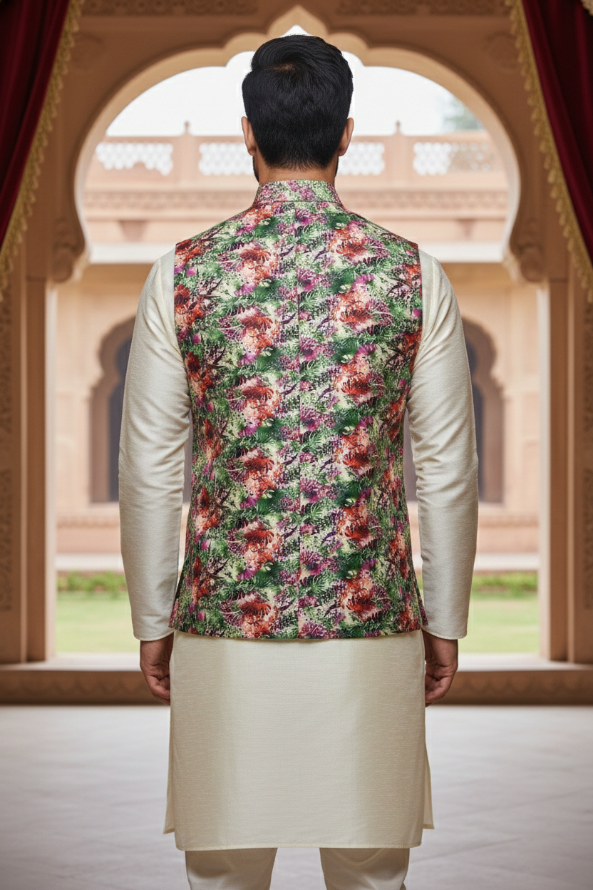 Vibrant Verdant Bloom: Men’s Floral Nehru Jacket