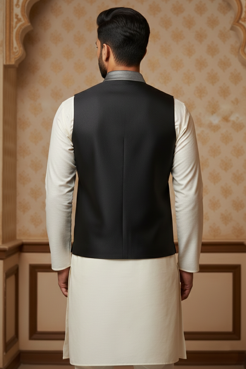 Modern Black Shawl Lapel Waistcoat with  Cream Kurta Set
