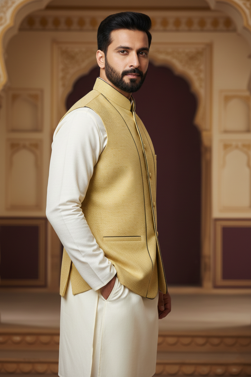Mustard Nehru Jacket with Black Piping & Cream  Kurta Set
