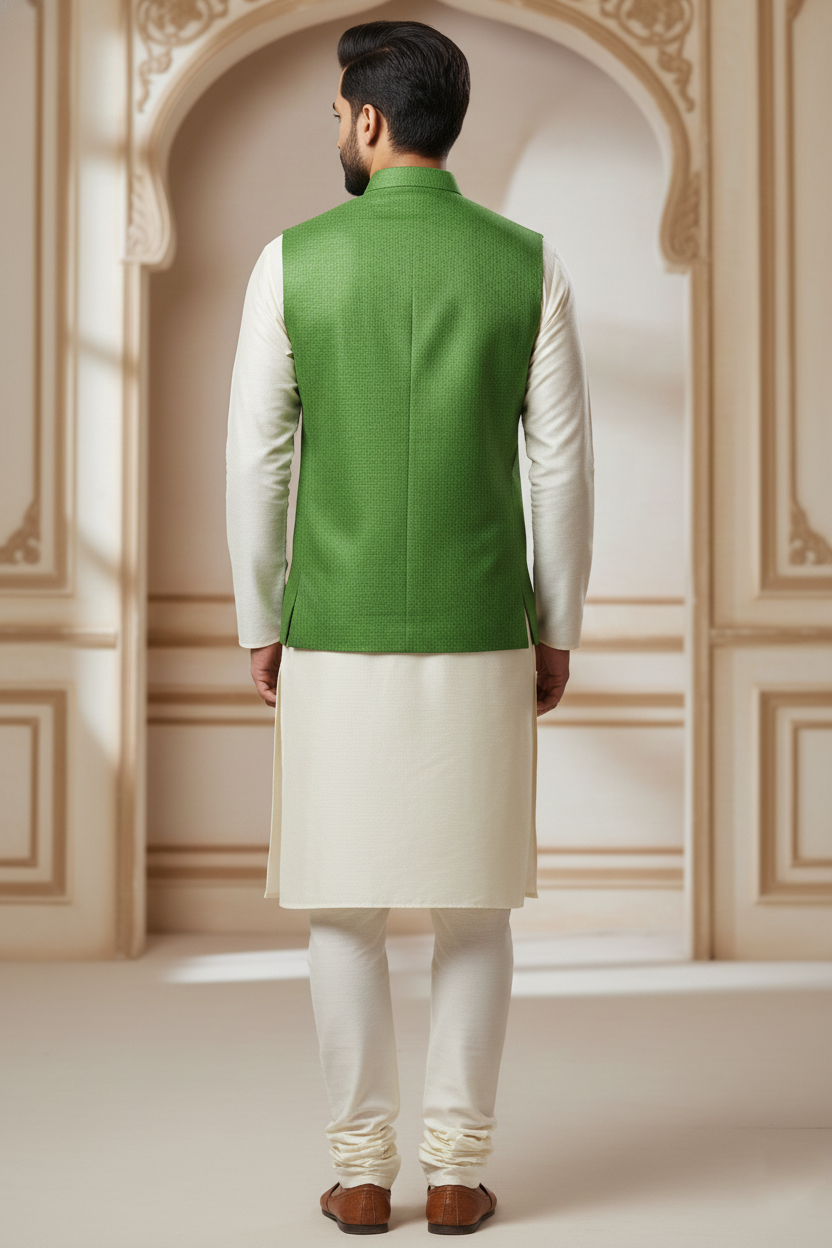 Men’s Green Nehru Jacket with Black Line Work | Designer Ethnic Waistcoat