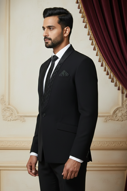 Black Formal Jacket with Woven Lapel Detailing