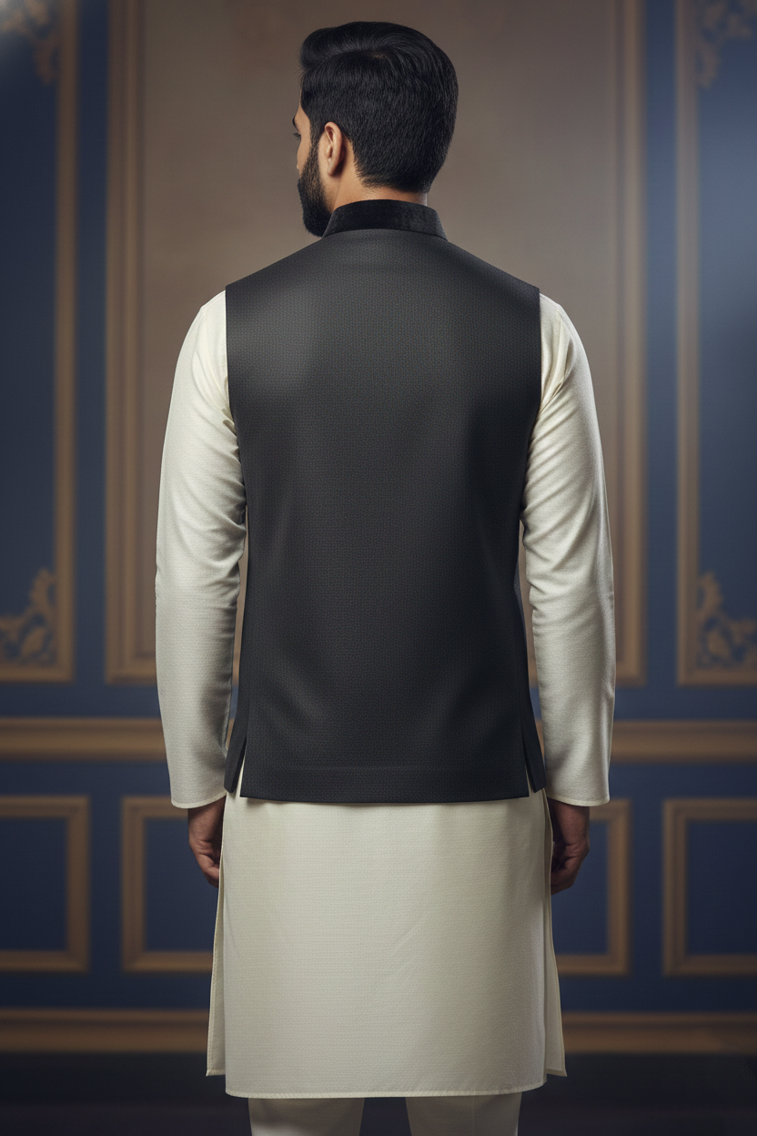 Men's Black Self-Textured Nehru Jacket – Classic Slim Fit Ethnic Modi Waistcoat for Weddings & Formal Events