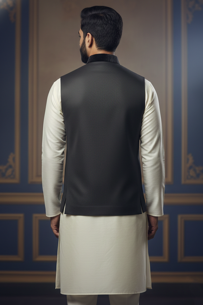 Men's Black Self-Textured Nehru Jacket – Classic Slim Fit Ethnic Modi Waistcoat for Weddings & Formal Events