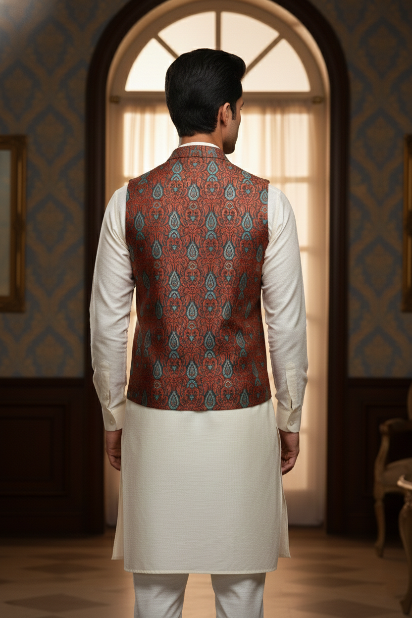 Men’s Rust & Teal Brocade Waistcoat – Slim Fit Paisley Jacquard Nehru Vest with Notch Lapel