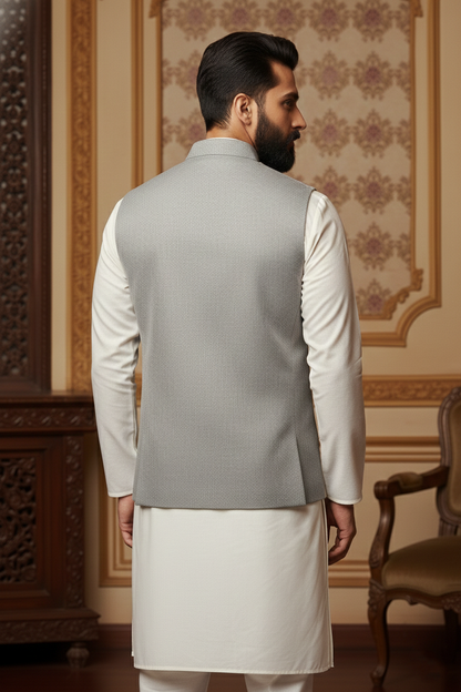 Light Grey Waistcoat with Cream Kurta Set