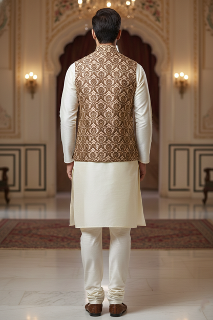 Men’s Beige Printed Nehru Jacket with Ivory Kurta