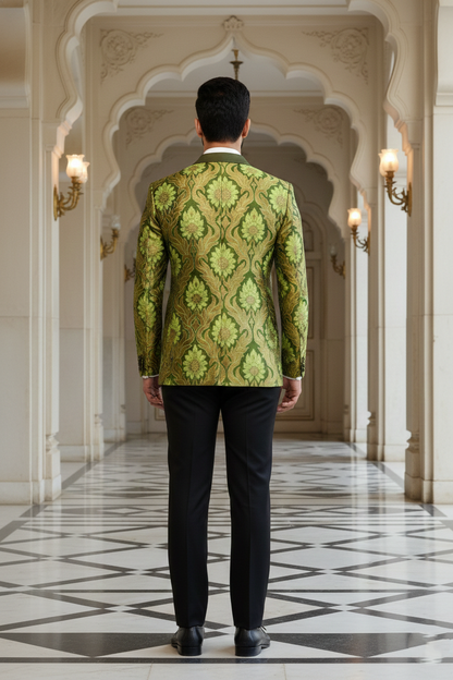 Men's Premium Olive Green Floral Jacquard Tuxedo Blazer , Luxury Ethnic Wedding & Evening Party Wear Jacket