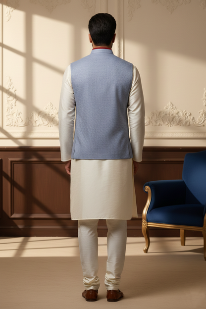 Men's Powder Blue Melange Nehru Jacket – Designer Maroon Contrast Trim Waistcoat | Ethnic Modi Jacket for Weddings & Festivals