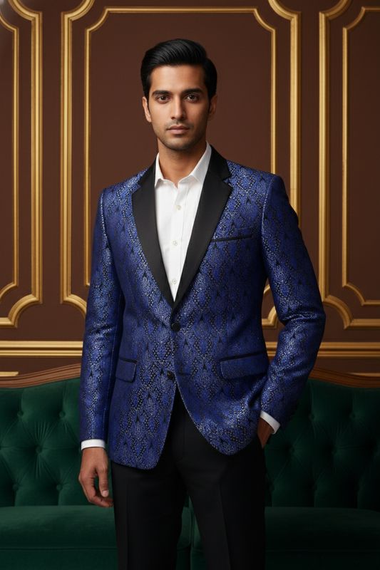 Royal Blue Jacquard Tuxedo Blazer with Satin Peak Lapels
