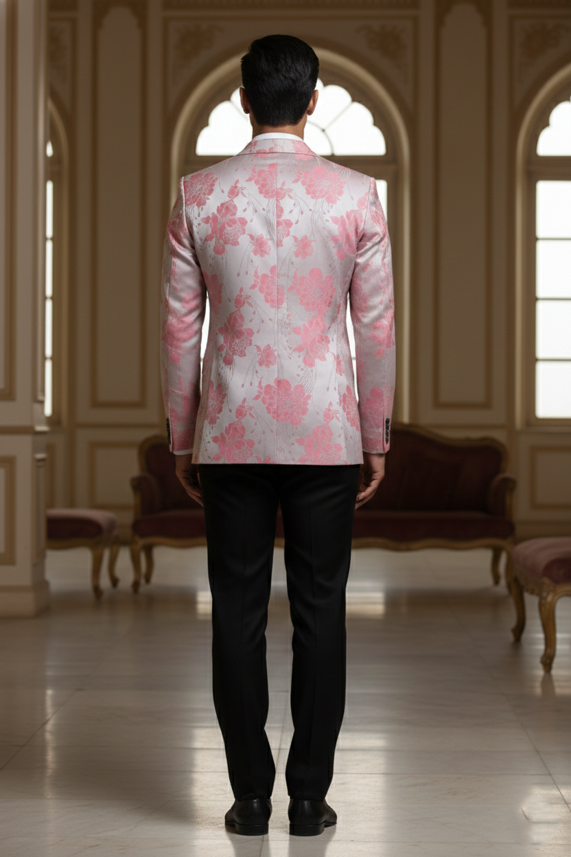 Light Pink Floral Blazer with Notched Lapel & Two-Button Closure