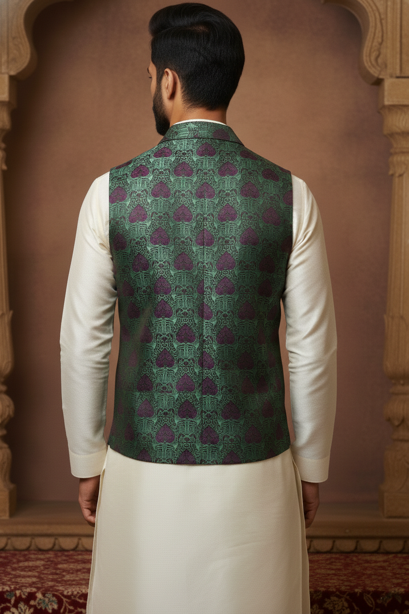 Men's Teal and Maroon Jacquard Waistcoat – Notch Lapel Brocade Nehru Jacket with Traditional Motif Print