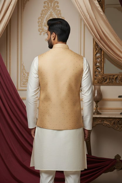 Men’s Beige Dotted Nehru Jacket with Ivory Kurta Pajama