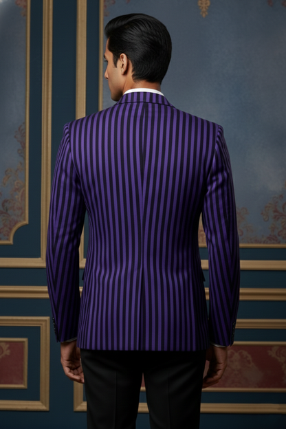 Men'sRoyal Purple and Black Vertical Striped Slim-Fit Blazer , Designer Party & Evening Wear Jacket