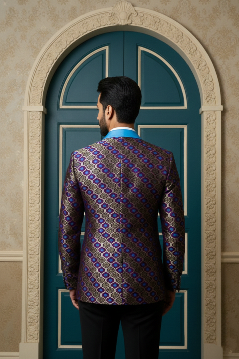 Man in Luxury Purple and Blue Patterned Brocade Blazer with Teal Lapels