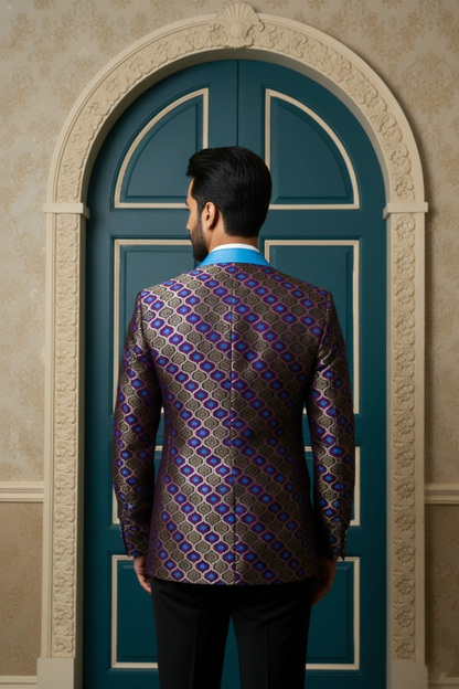 Man in Luxury Purple and Blue Patterned Brocade Blazer with Teal Lapels
