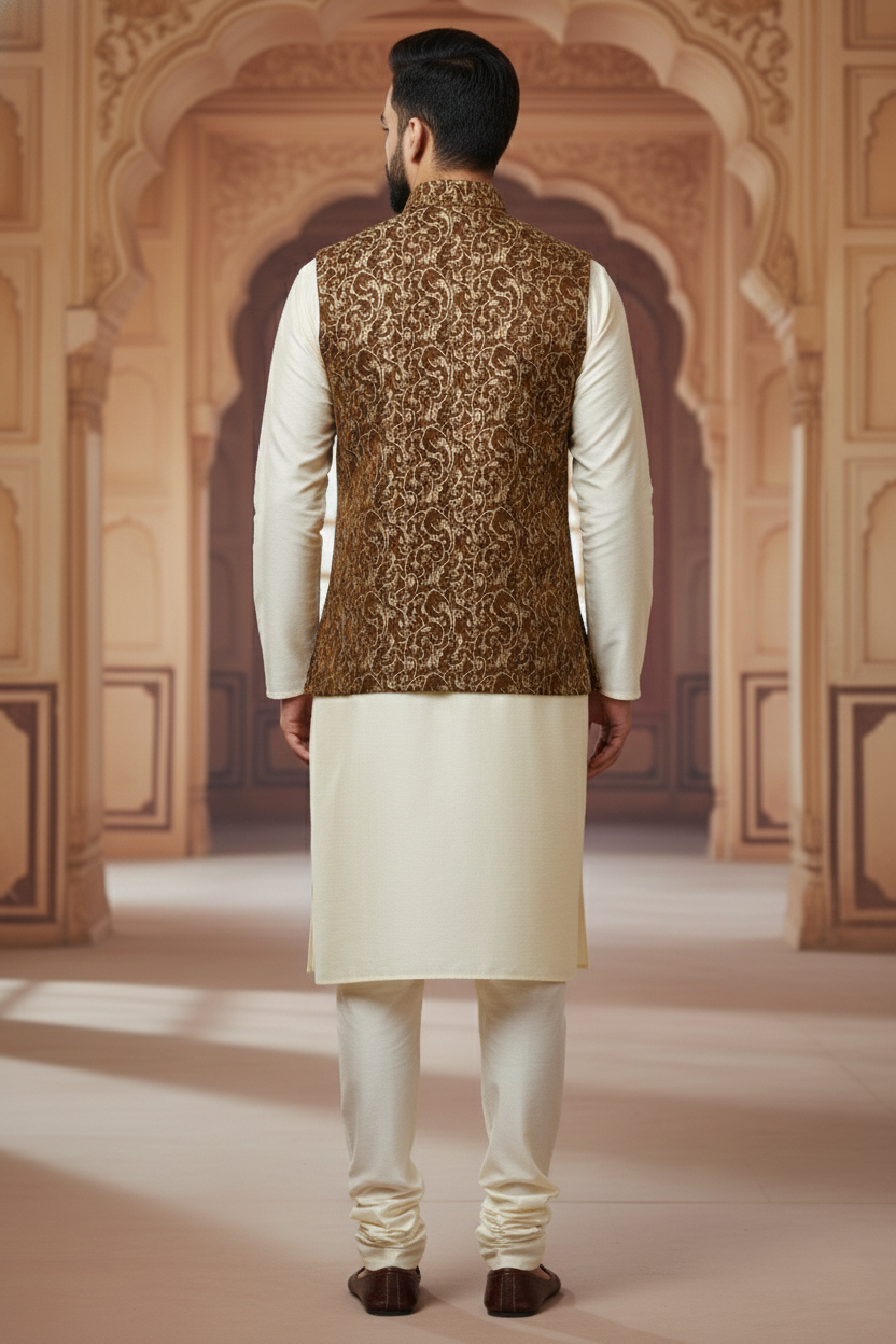 Men’s Brown Printed Nehru Jacket with Ivory Kurta