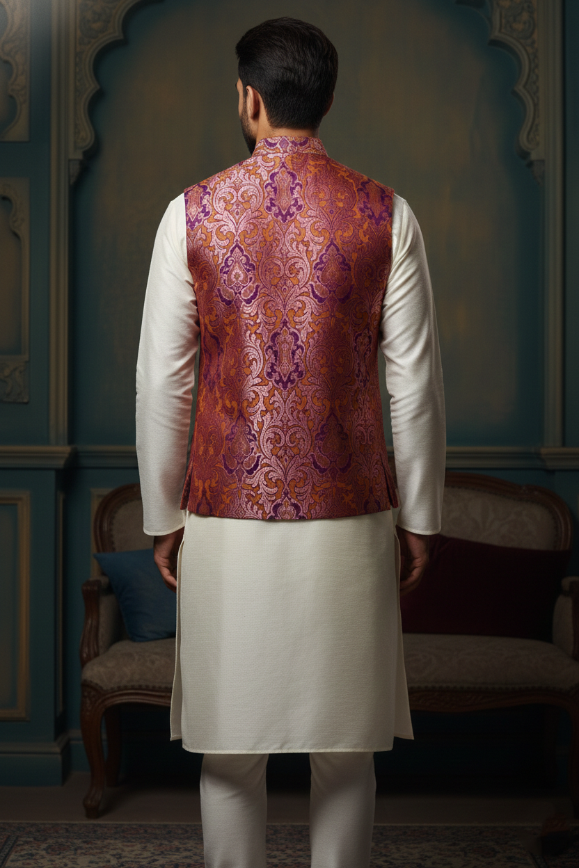 Men’s Wine Printed Nehru Jacket with Ivory Kurta