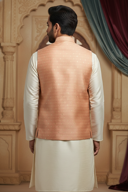 Men’s Peach-Gold Textured Silk Nehru Jacket