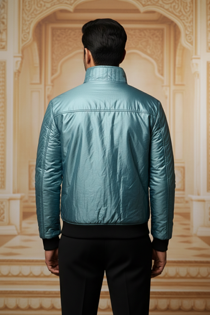 Men's Premium Metallic Teal Quilted Bomber Jacket , Slim Fit Mock Neck Puffer with Ribbed Cuffs