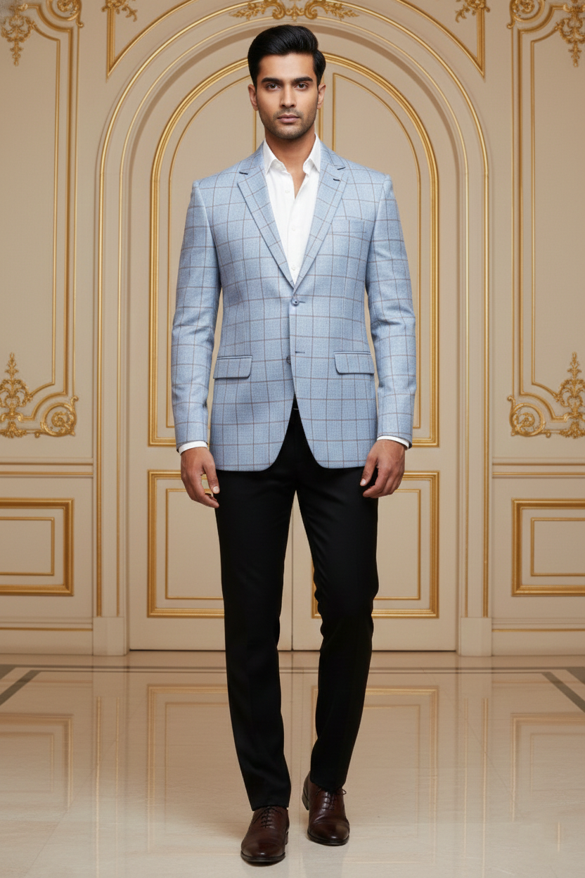 Men'sPremium Sky Blue Checkered Jacquard Blazer