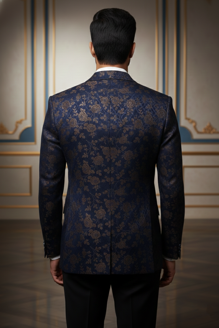Dark Blue Floral Blazer with Notched Lapel & Two-Button Closure