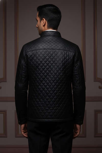 Men's Premium Quilted Diamond-Stitch Polyester Taffeta Jacket , Slim Fit Mock Neck Bomber with Utility Pockets