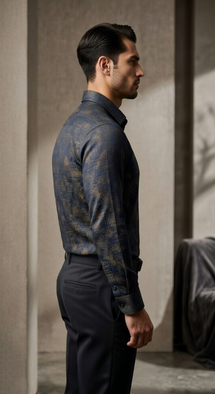 Designer Men'sNavy & Gold Jacquard Shirt , Abstract Cross-Hatch Textured Dress Shirt