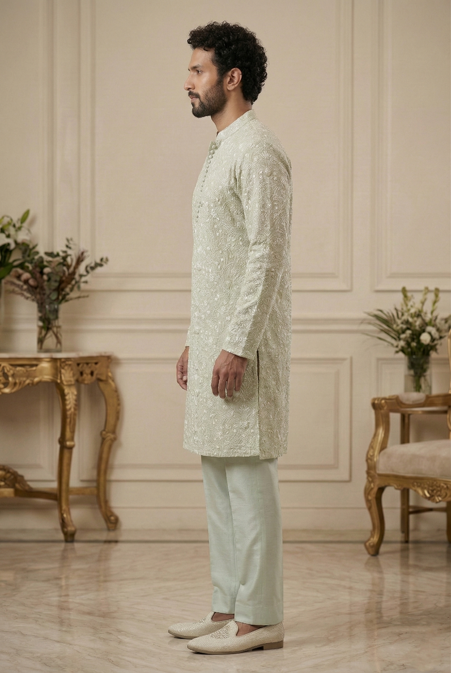 Men'sMint Green Embroidered Partywear Kurta Pajama