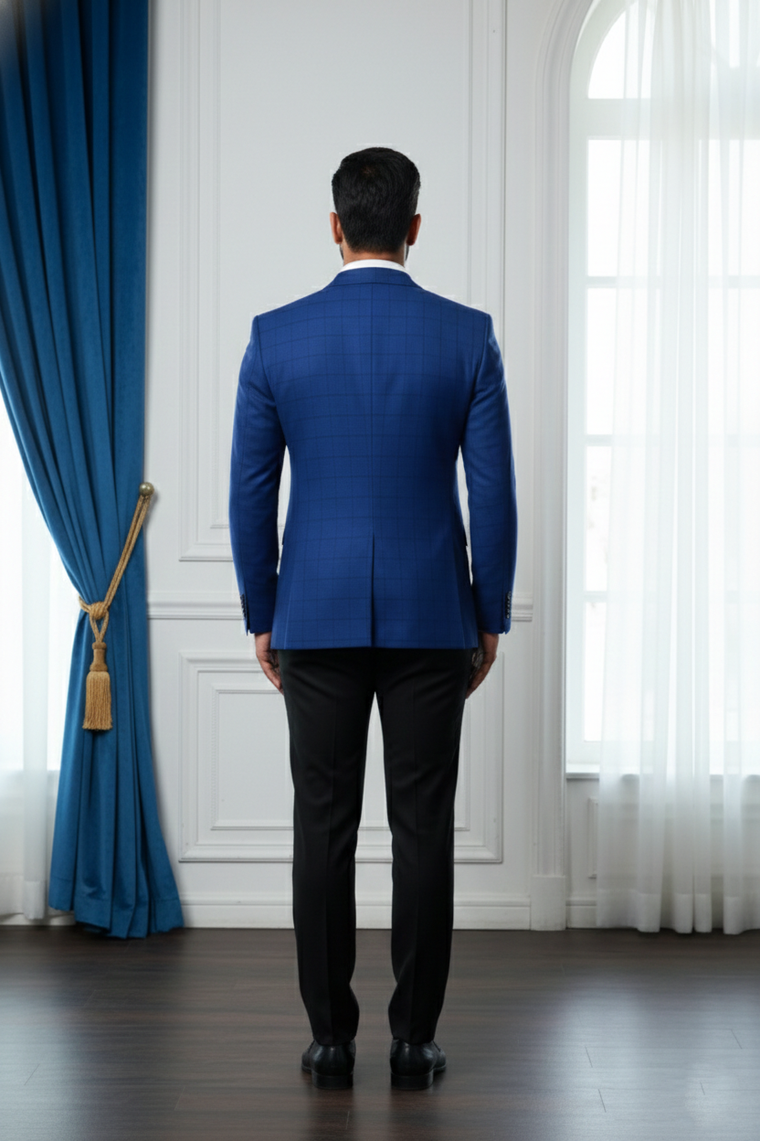 Men's Royal Blue Slim Fit Checked Blazer