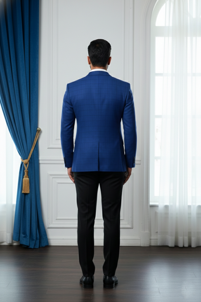 Men's Royal Blue Slim Fit Checked Blazer