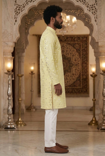 Men'sLemon Yellow Mirror Work Partywear Kurta Pajama