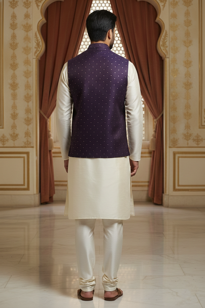 Men’s Purple Dotted Nehru Jacket with Ivory Kurta