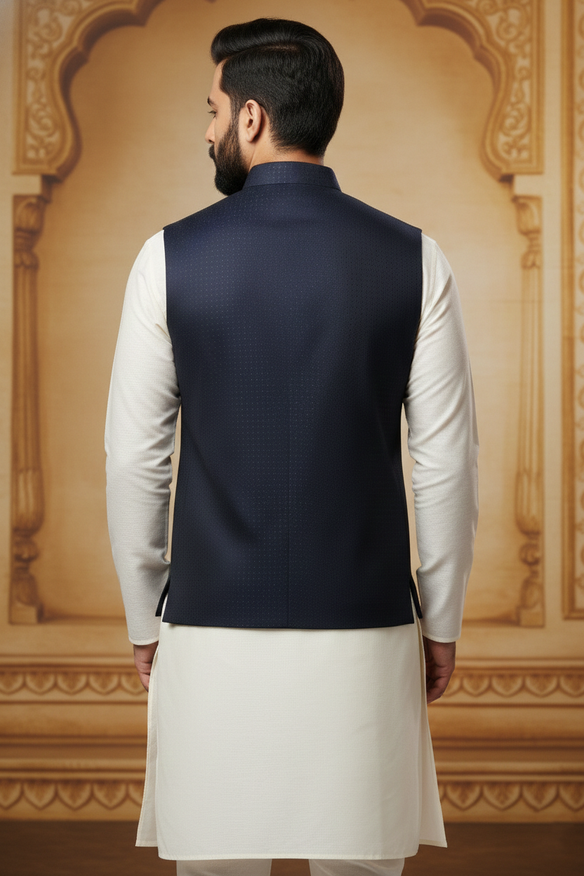 Navy Blue Sleeveless Nehru Jacket with Cream  Kurta Set