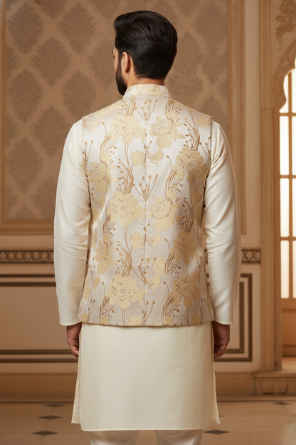 Men’s Luxury Gold Floral Jacquard Nehru Jacket
