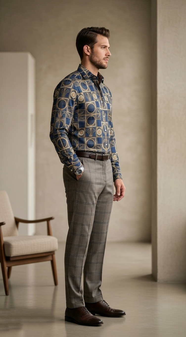 Designer Men'sArt Deco Tile Print Shirt , Navy & Gold Architectural Motif