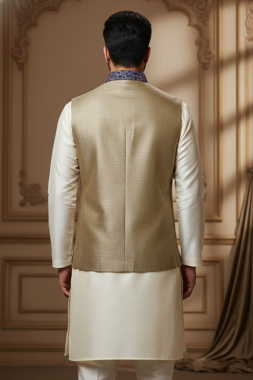 Beige Waistcoat with Blue Embroidered Trim &  Cream Kurta Set