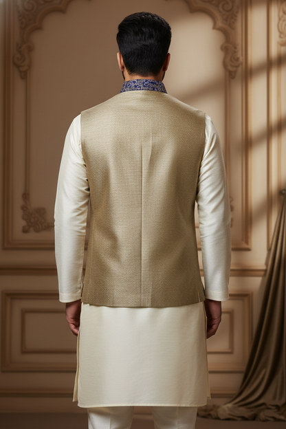 Beige Waistcoat with Blue Embroidered Trim &  Cream Kurta Set