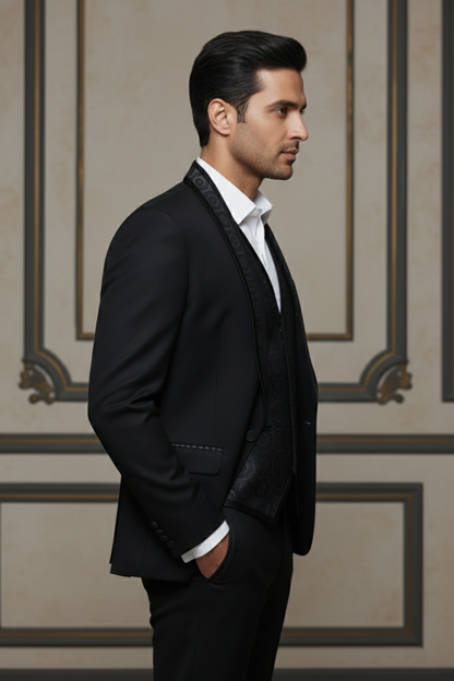 Black Single-Breasted Suit with Patterned Lapels