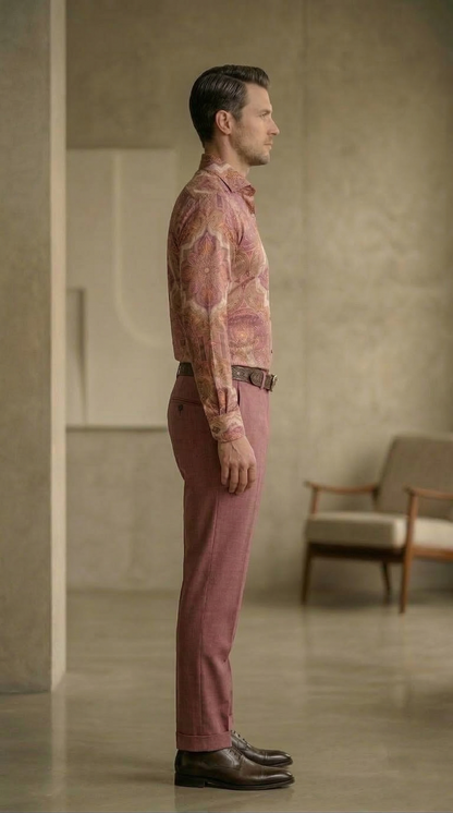 Designer Men'sDusty Rose Mandala Print Shirt , Celestial Gold & Mauve Ornate Motif